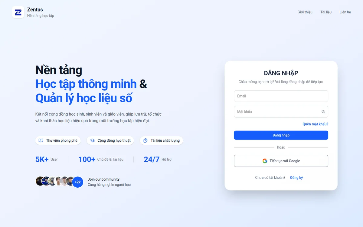 Giao diện trang chủ Zentus